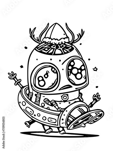 alien version of Santa Claus with a unique spaceship sleigh and alien reindeer, black and white svg 101
