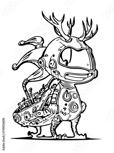 alien version of Santa Claus with a unique spaceship sleigh and alien reindeer, black and white svg 101
