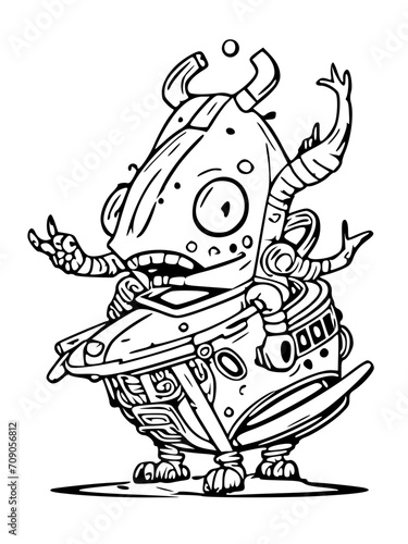 alien version of Santa Claus with a unique spaceship sleigh and alien reindeer, black and white svg 101