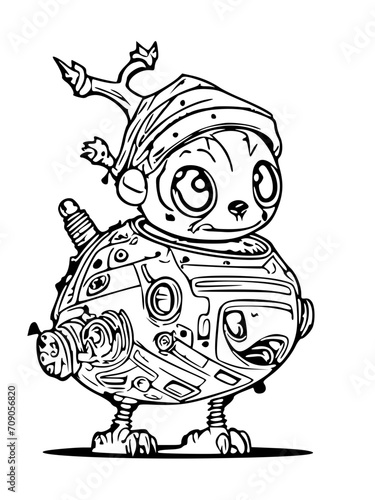 alien version of Santa Claus with a unique spaceship sleigh and alien reindeer, black and white svg 101