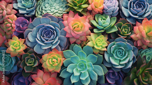 A lush collection of Echeveria succulent plants displaying vibrant shades of green  blue  pink  and purple in a top view.