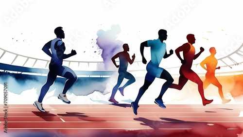Watercolor silhouettes of athletes and sprinters running along the track at the Olympic Stadium. The concept of victory and the winner. Olympic Games photo