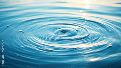 Close-up of a gentle water ripple on a serene blue water surface with sunlight reflections and tiny bubbles.