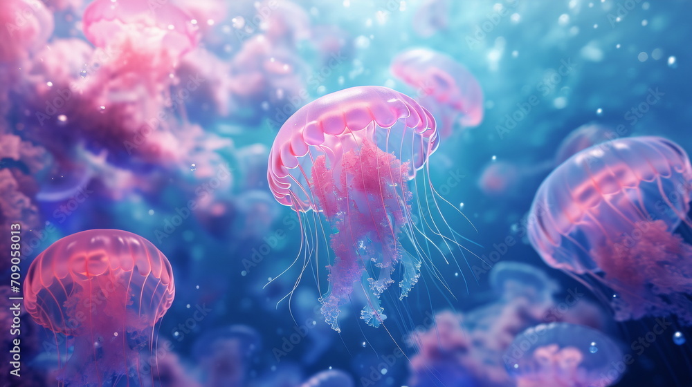 Pink Jellyfish Symphony in Hyper-Detailed Realism, Dreamlike Atmosphere, and Electric Color Palette of Light Violet and Sky-Blue Pink Jellyfish Symphony in Hyper-Detailed Realism, Dreamlike Atmosphere, and Electric Color Palette of Light Violet and Sky-Blue