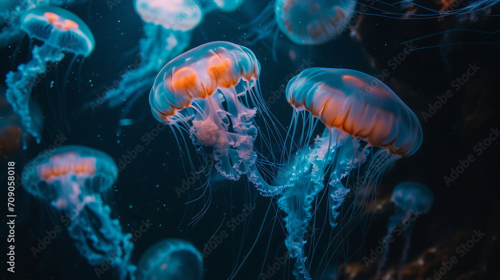  Large Jellyfish Ballet in Soft-Focus, Harmonizing Dark Cyan and Orange, Voluminous Forms, and Nature-Inspired Technological Fusion