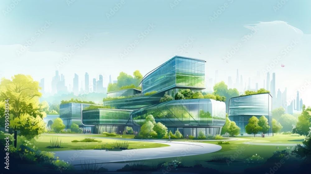 a modern glass campus buildings with a lot of green plants trees and ...