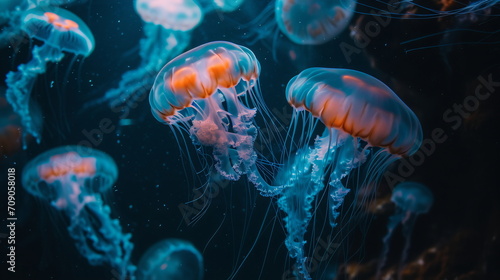  Large Jellyfish Ballet in Soft-Focus, Harmonizing Dark Cyan and Orange, Voluminous Forms, and Nature-Inspired Technological Fusion © Sandu