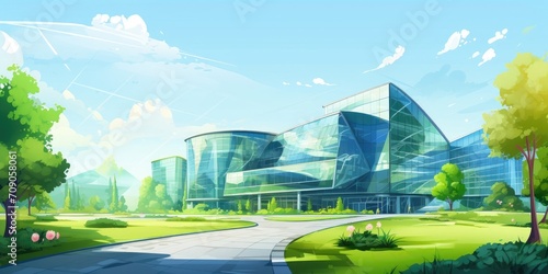a modern glass campus buildings with a lot of green plants trees and bushes for the futuristic business architecture environment. ecology co2 footprint reduction. web design panorama, Generative Ai