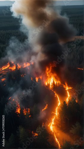 Illustration of a forest fire disaster, with trees ablaze at night. Destruction of nature due to a wildfire, showcasing the environmental damage caused by global warming. Earth destructon. No planet B
