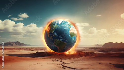 Global warning, climate change concept. Planet Earth burning in arid drought landscape. Water crisis as impact of global warming. No planet B