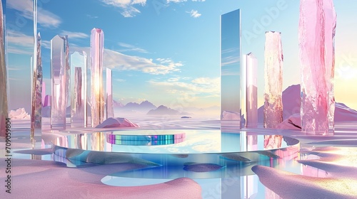 surreal landscape with round podium in the water and colorful sand © fledermausstudio
