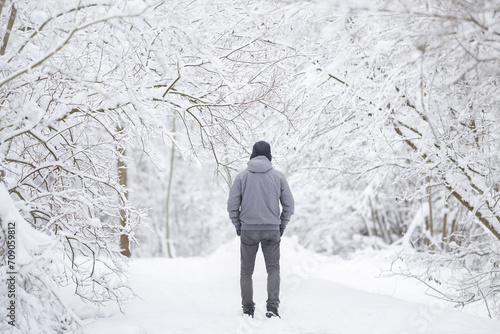 Young adult man walking on fresh white snow covered road through tree branches at park after blizzard in beautiful cold winter day. Spending time alone. Back view. Peaceful atmosphere in nature. © fotoduets