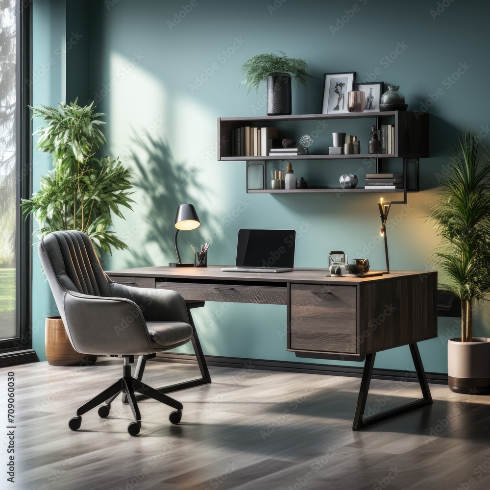 Laptop on a wooden table in a modern office concept, interior design Laptop on a wooden table in a modern office concept, interior design