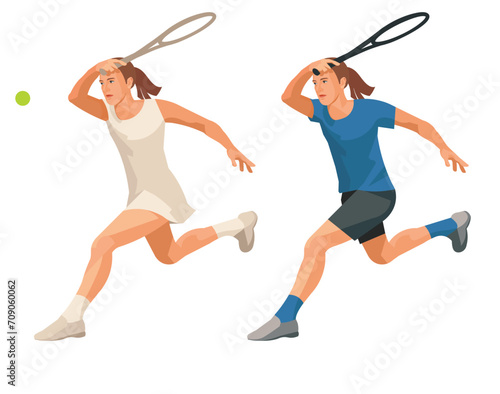 Vector isolated figure of a women's tennis girl player in a blue uniform and white dress who runs forward hitting the ball with a racket