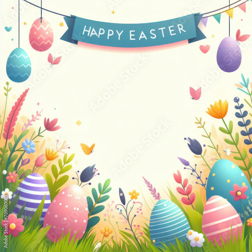 Flat cartoonish style easter banner with colorful eggs, grass and flowers with empty copy space. ai generative