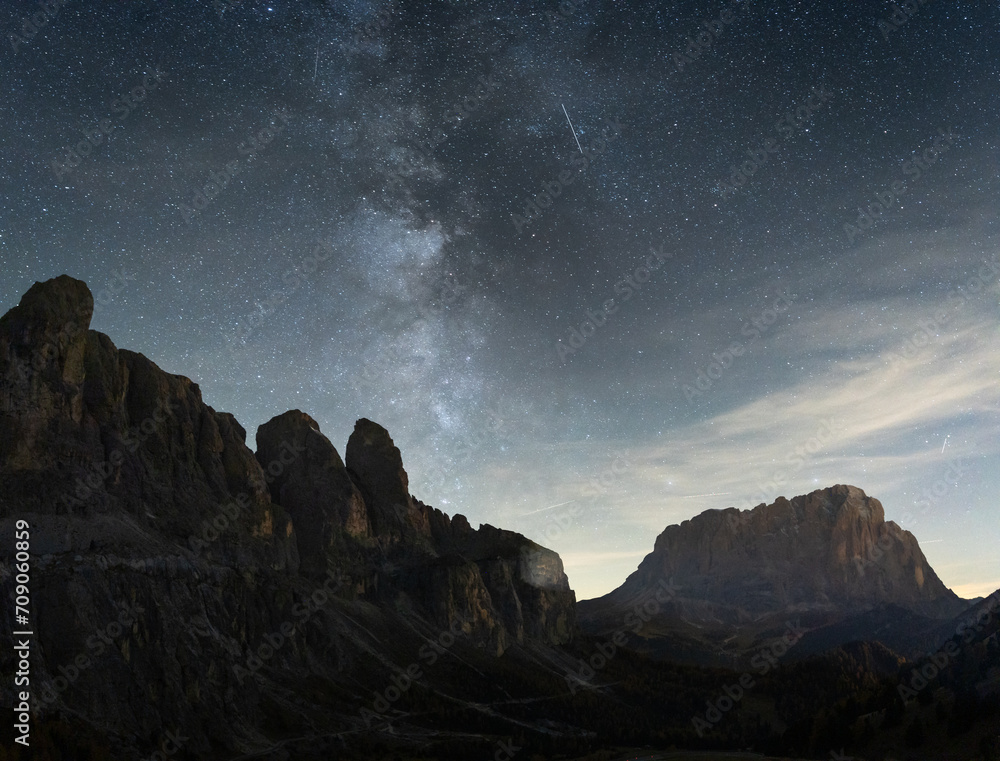 Night sky full of stars and Milky Way over desert like alpine landscape with prominent peaks, Italy Night sky full of stars and Milky Way over desert like alpine landscape with prominent peaks, Italy