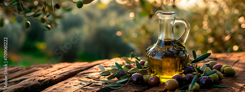 Olive oil on a table in the garden. Selective focus. photo