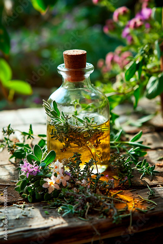 Provencal herbs oil on a table in the garden. Selective focus.