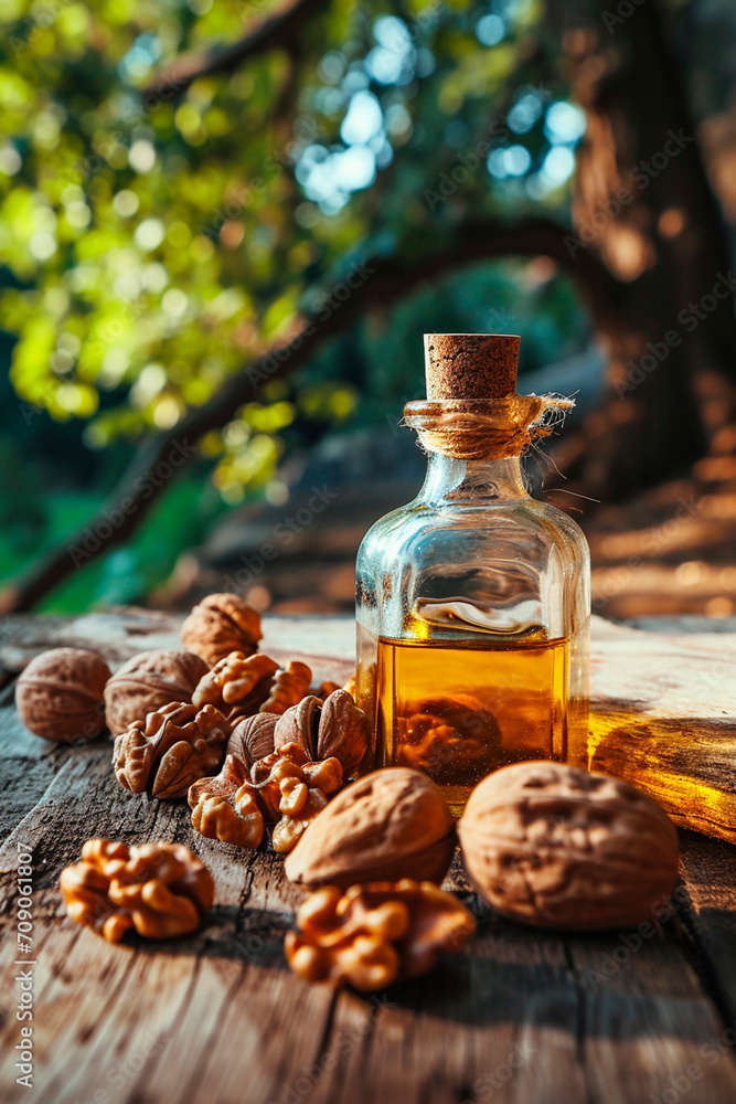 Walnut oil on a table in the garden. Selective focus.