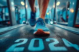 man running on treadmill in fitness center. 2024 new year concept. word 2024 , in fitness club. Cardio workout. Healthy lifestyle