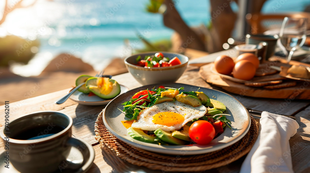 Breakfast avocado eggs and coffee by the sea. Selective focus. - obrazy, fototapety, plakaty 
