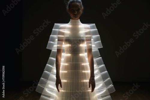 A model wearing a dress made of pure light. © Michael