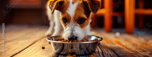 The dog eats food. Selective focus. photo