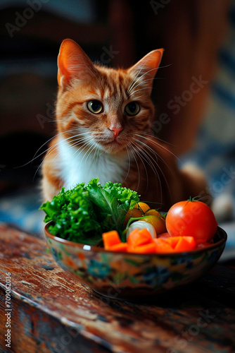 Cat food eats vegetables. Selective focus.