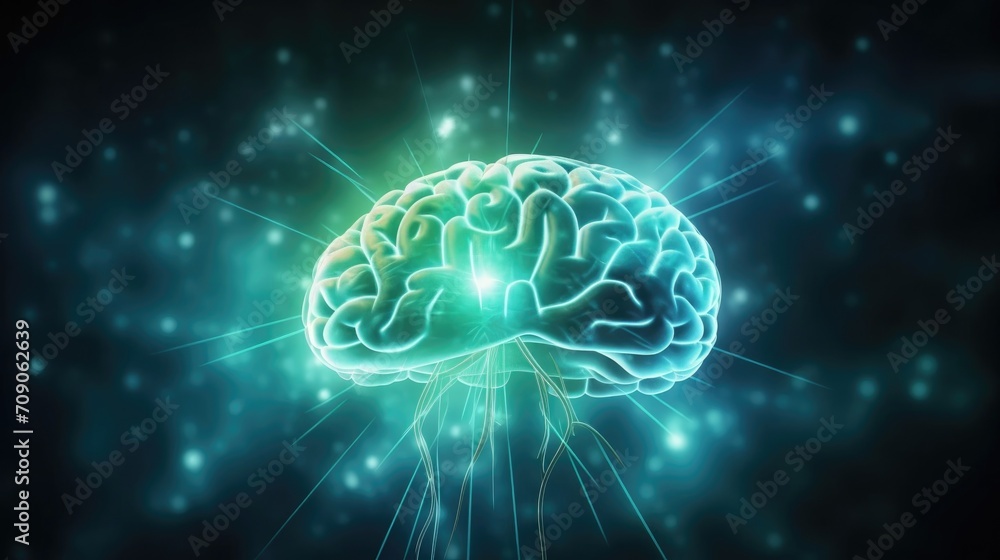 A close-up of the brain, on a blurred background. The human brain has a futuristic background. Rays, energy from the brain, the movement of neurons. A close-up of the brain, on a blurred background. The human brain has a futuristic background. Rays, energy from the brain, the movement of neurons.