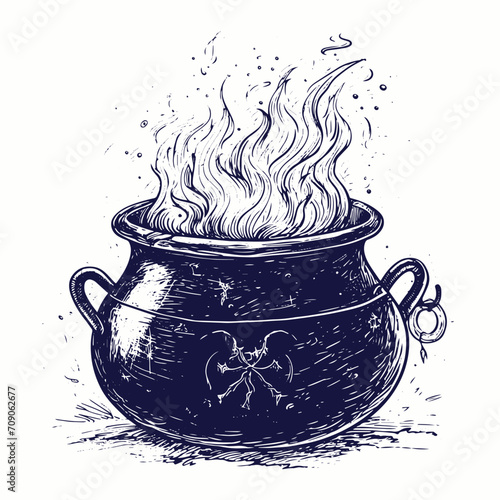 Magic cauldron doodle sketch. Hand drawn wiccan design. Alchemy, potions symbol