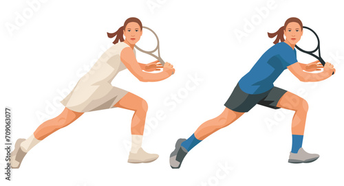 Two figures of a women's tennis player in blue sports uniform and white dress who receive the ball holding the racket with two hands