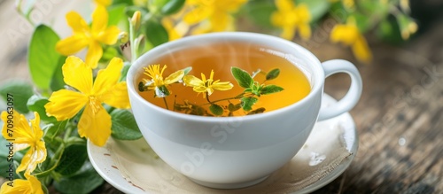 An herbal tea served in a white cup with St. John's wort flowers.