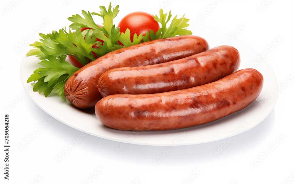 Tasty goodness sausages Isolated on White background Generated AI Tasty goodness sausages Isolated on White background Generated AI