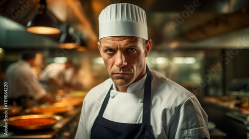 A poised male chef in a pristine white uniform and elevated chef's hat stands prominently in a hectic commercial kitchen, overseeing focused staff. Haute cuisine © stateronz
