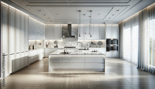 A sleek and modern kitchen in a luxury home, designed with a striking white theme. The kitchen features high-end white cabinetry