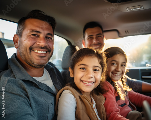 Hispanic homoparental family inside a car while visiting a city