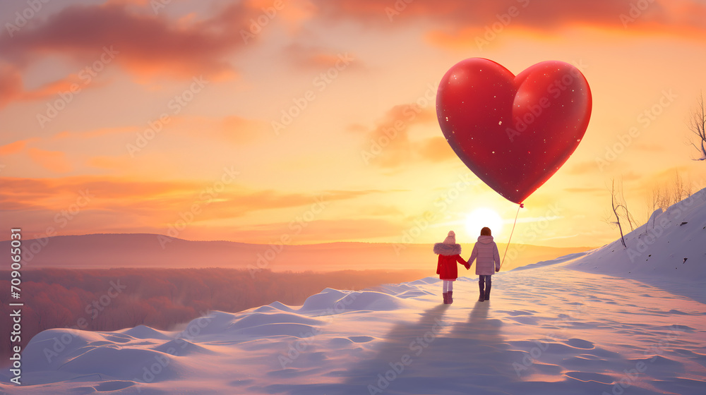 Children holding huge red Valentine heart in a snowy countryside. Concept of love, friendship, togetherness and happiness.