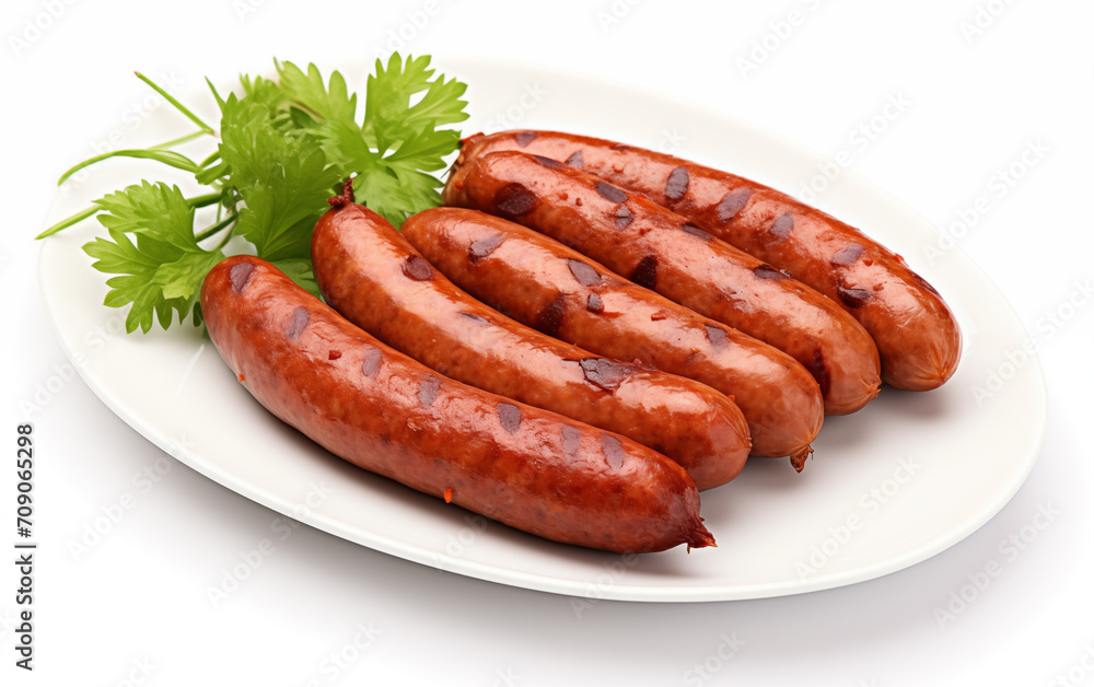 Tasty goodness sausages Isolated on White background Generated AI Tasty goodness sausages Isolated on White background Generated AI
