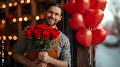 Young elivery man with roses and balloons in heart shaped. Valentine's Day and 8 March concept   photo