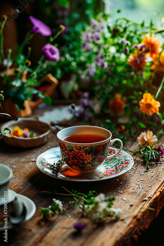tea with herbs and flowers. Selective focus.