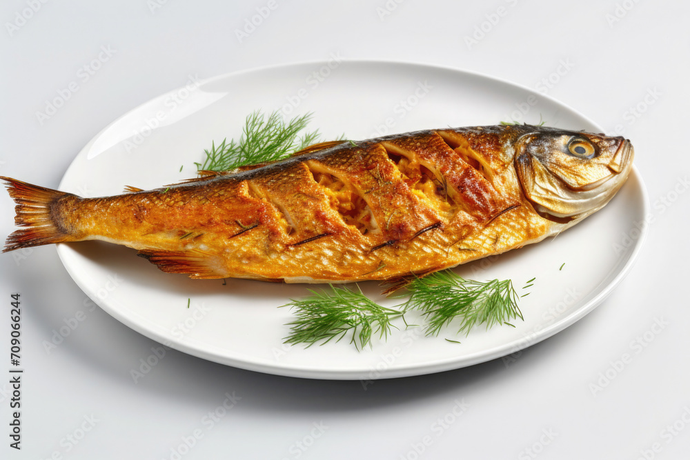 golden fried mackerel fish with slits in the skin on a white plate with dill on a light neutral background golden fried mackerel fish with slits in the skin on a white plate with dill on a light neutral background