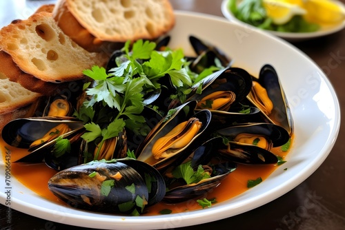 A big bowl of steamed mussels with sauted diced onion and minced garlic, in a very light white wine tomato broth. The mussels are garnished with chopped italian flat leaf parsley leaves and a lemon 
