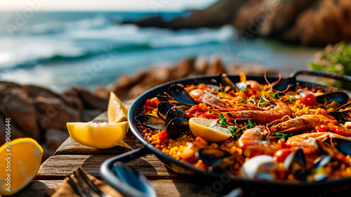 paella with seafood on a background of the sea. Selective focus.