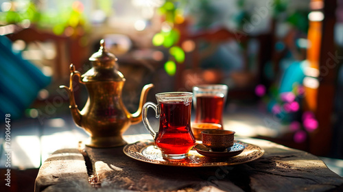 Turkish tea on the table. Selective focus.
