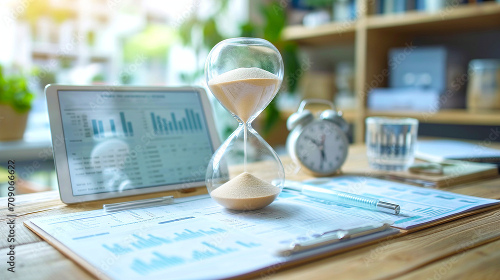 hourglass on a table with financial charts. A tablet, clock, glass of water, and office supplies are also on the desk hourglass on a table with financial charts. A tablet, clock, glass of water, and office supplies are also on the desk