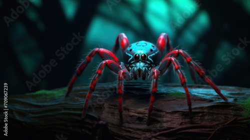 A striking image of a surreal blue spider with red leg accents, poised on a dark surface with a mysterious green backdrop.
