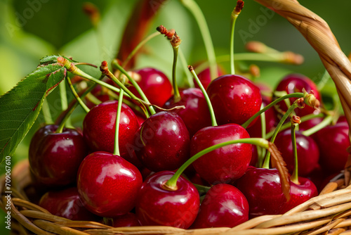 basket of sweet cherries, with stems still attached