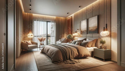 A stylish and cozy bedroom in a modern apartment. The bedroom is designed with a comfortable and large bed  topped with soft  high-quality bedding