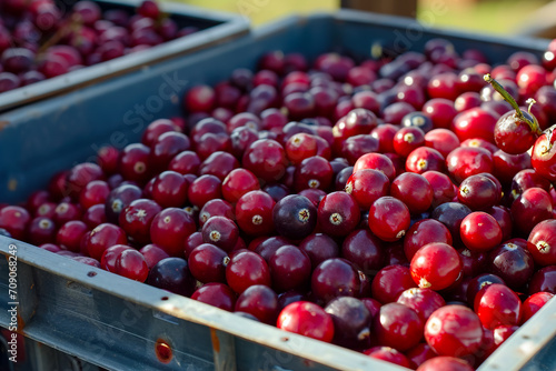 bin of tart cranberries  with a few still on the vine