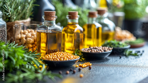 bottles of golden cooking oils, a variety of legumes like chickpeas and lentils, and fresh herbs on a dark kitchen surface